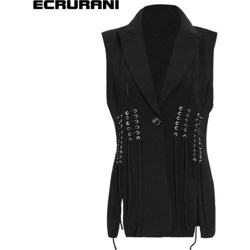 ECRURANI Patchwork Casual Black Lace Up Coat For Women Lapel Sleeveless Slimming Zippers Solid Coats Females Clothing 2021 Style