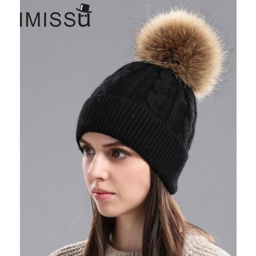 IMISSU Women Winter Hat Wool Knitted Beanies Cap Real Natural Raccoon Fur Pompom Hats for Girls Ski Gorros Cap Female Causal Hat