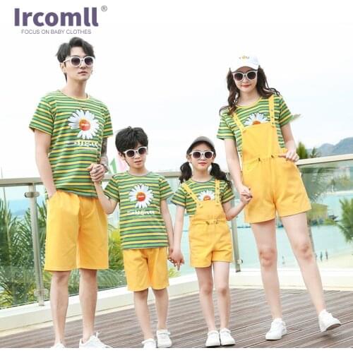 Ircomll Family clothing Sets Striped Floral Mom and Girl T-shirt With Overall Men Boy T-Shirt with Pants Teenage Clothes