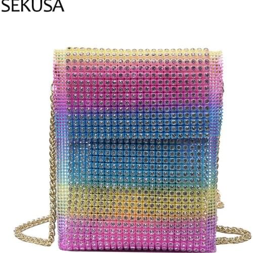 Phone Money Key Small Clutch Rhinestones Cover Chain Shoulder Evening Bags Rainbow Color Party Handbags