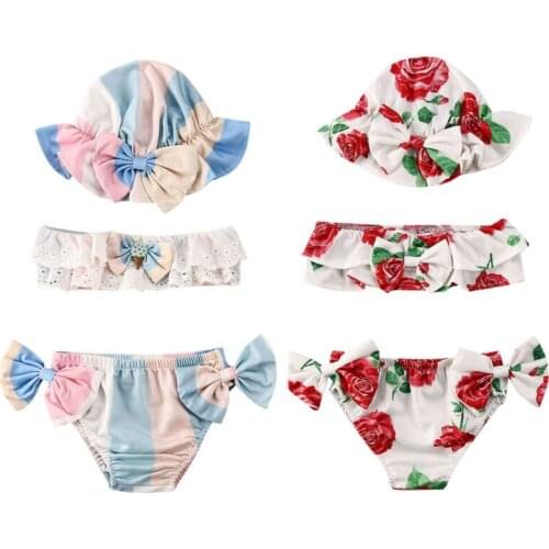 Cute Toddler Swimsuit Baby Girs Floral Swimsuit Swimwear Bathing Suit Bikini 3Pcs Set Swim Wear Beach Costume with Sun Hat