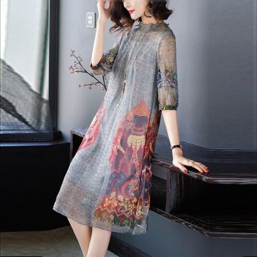 Fashion Autumn Dresses Women Clothes 2018 New Vintage Loose Imitate Real Silk Dress Lady Casual Printing Costume 2piece/Set