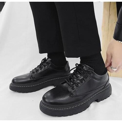 Spring New Men Small Leather Shoes Black All-match Low-top Shoes Lace-up Casual Mens Shoes Wear-resistant Platform Martin Boots