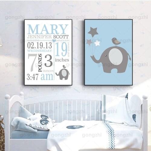 Custom Baby Birth Time Weight Information Wall Painting Celebration of Baby Newborn Nordic Blue Minimalist Printing Decor Poster