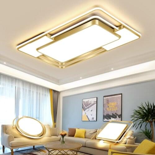 Golden LED Ceiling Lights With Remote Dimmable Square Rectangle Lighting Fixture Gold Lamps Living Room Bedroom Kitchen D109