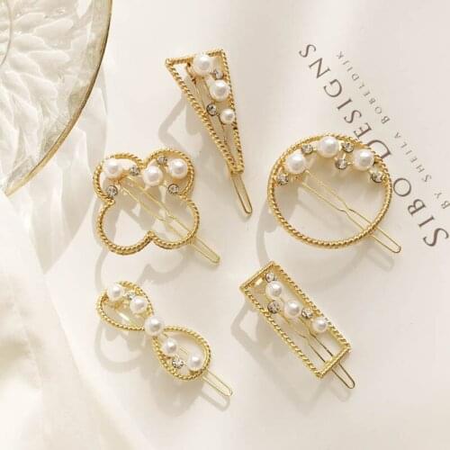 Lovely Geometric Triangle Rectangle Circle Number 8 Flower Bobby Hairpins Artifial Pearl Gold Headwear for Women
