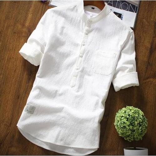 Summer Mens White Black Grey 3/4 Sleeve Mandarin Collar Linen Blouse Shirt , Casual S 3XL Slim Fit Shirts Blouses For Men