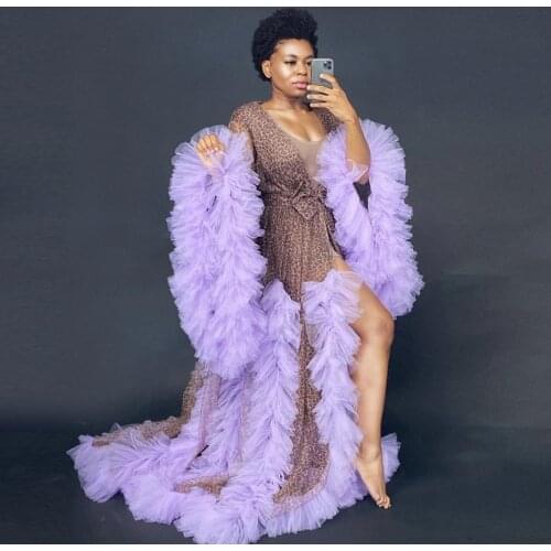 Chic Leopard Print Tulle Long Robe Lavender Tulle Ruffles Full Sleeves Sexy Maternity Dresses Women Formal Event Dress