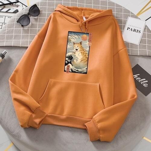 Waves And Big Cat Ukiyo E Style Print Hoodie Women Loose Casual Clothing Autumn Fleece Pullover Tops Crewneck Fashion Sweatshirt