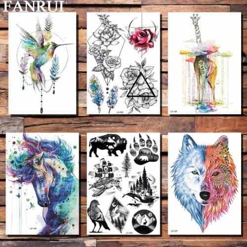 FANRUI Rose Flower Paw Bird Temporary Tattoo Sticker Feather Turtle Fake Tatoo Waterproof Body Art Arm Tattoo Sheets Lotus