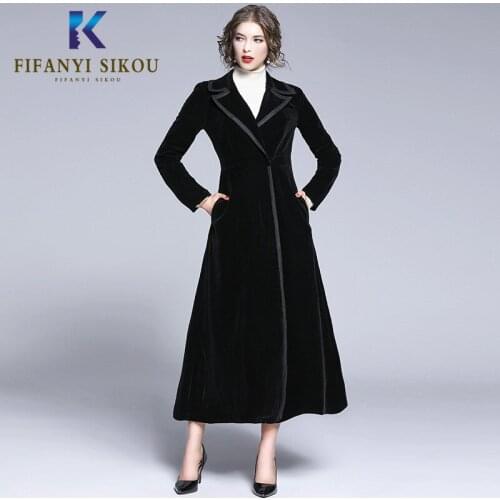 Autumn Winter Women Trench Coat Black Velvet Long Coats Fashion Lapel Elegant Slim Trench Coat Loose Plus size Outerwear Female