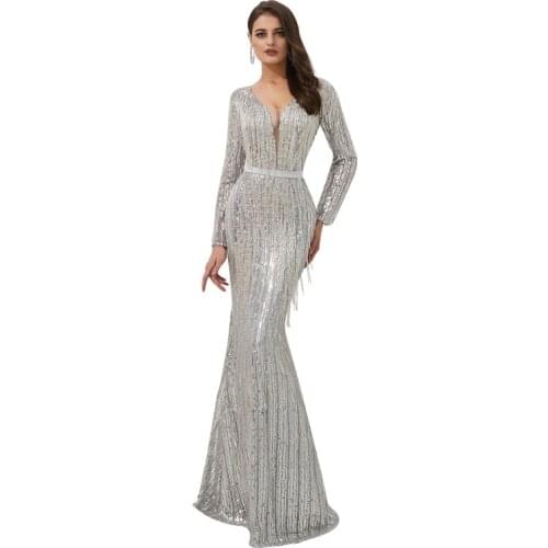 Elegant Silver V-Neck Full Sleeves Mermaid Evening Dress Long Robe de soiree Abendkleider Evening gown Suknie wieczorowe 99310