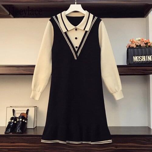 Plus size women vintage knitted dresses women long sleeve patchwork fake two piece winter dresses office ladies knit clothes