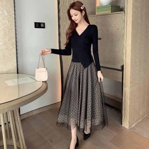 Dot Patchwork Work Dress Female Spring Autumn New Korean Style Temperament Long Sleeve Stitching Slim Knitted Mesh Dress y1259
