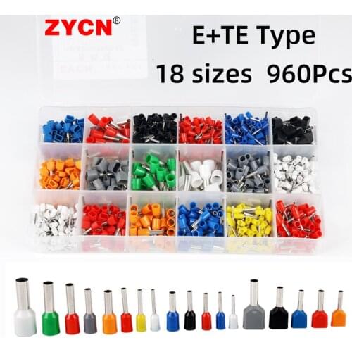 18 Sizes Wire Terminal Electrical Crimp Connector Insulated Ferrules Block Cord End Clamp Cold Pressed E/TE Tube Set 960/1200PCS