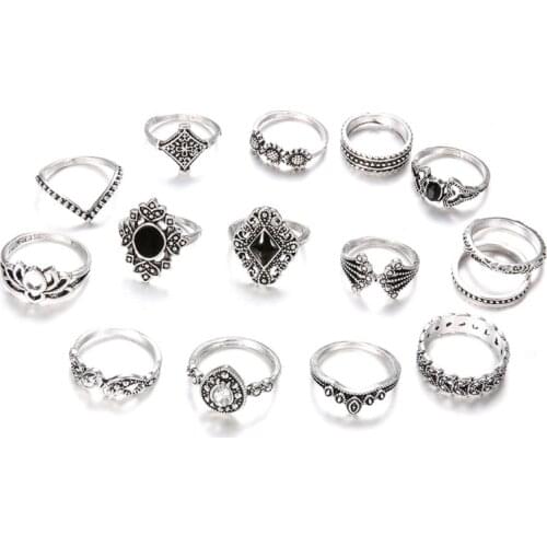 15 Pcs/Set Women Vintage Alloy Hollow out Midi Joint Finger Rings Set Knuckle Ring Jewelry Gifts for Female Girls