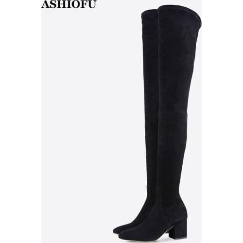 ASHIOFU Handmade New Womens Mid-heel Boots Faux-suede Leather Over Knee Boots Sexy Club Evening Fashion Thigh High Boots Shoes