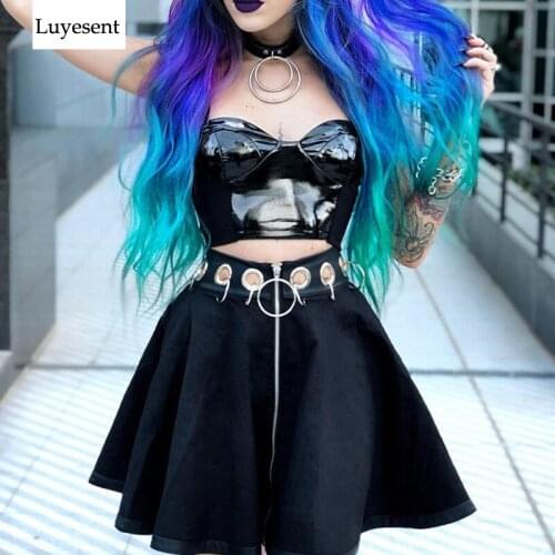 Black Cool Punk Women PU Patchwork Skirts 2020 Lolita Lady High Waist Eyelet Iron Ring Gothic Hipster Zipper Goth Pleated Skirt