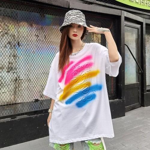 Hand-Painted Cartoon Print Short-Sleeved T-Shirt Female Loose Round Neck Ins Summer New Tide Colour Tops
