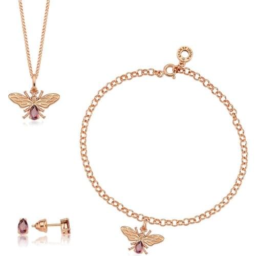 Valori Jewels Lucky Bee, Zirconia Red Gemstone, Rose Gold Plated, Sterling Silver Trio Set