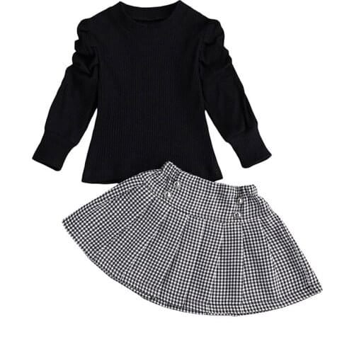Autumn Spring 1-7Years Kids Girls 2piece Outfit Set Puff Sleeve Solid Color Top Plaid Skirt Set for Children Toddler Fashion New