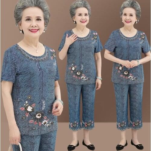 Middle-aged Womens Summer Sets Fashion Printing T-shirt Tops & Seven Points Pants 2 Pcs Sets Suit Grandma Summer Clothing 5XL
