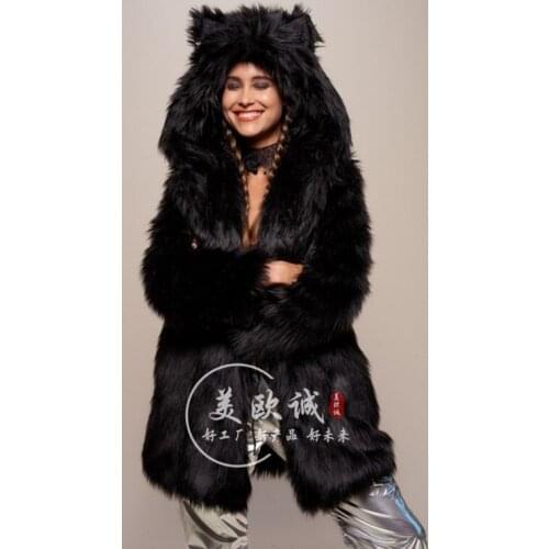 Sell hot imitation fox fur lady coat in long fur coat with hooded ear large size faux fur coat women furry womens coat