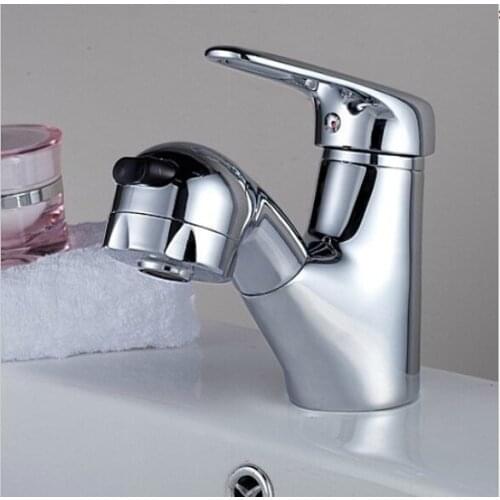 Fashion brass material chrome plating modern design bathroom sink faucet tap mixer with pull out shower head