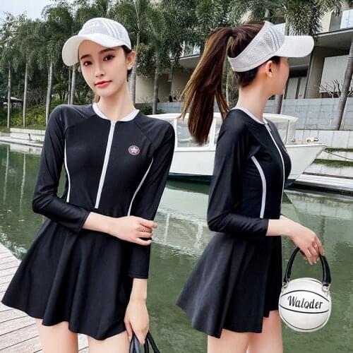 2021 New Korean Long Sleeve Swimwear Woman Plus Size One Piece Swimsuit Lady Large Size Bathing Suit Women Beach Swimskirt