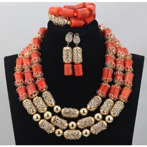 Luxurious African Orange Coral Beads Jewelry Sets Nigerian Wedding Jewelry Sets New Gold Accessories Bridal Jewelry Sets CJ765