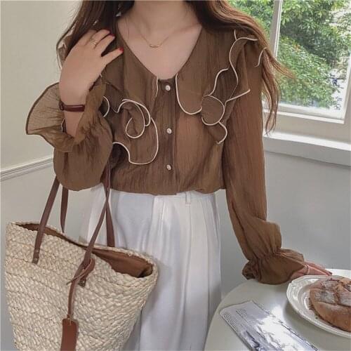 Alien Kitty Brown Flare Sleeves Shirts Ruffles Peter Pan Collar Chic Sweet Hot 2021 All Match Casual Women Autumn Loose Tops