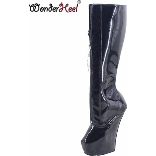 Wonderheel New 20cm heelless Sexy Fetish Hoof Heels Lockable Zipper Fashion Platform Knee High Boots Modern Horse Ponying Shoes