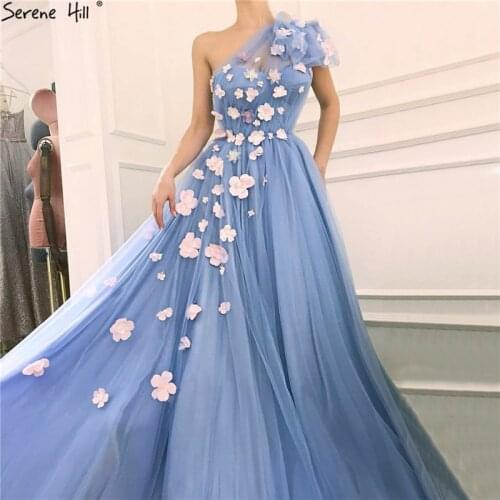 Blue One Shoulder Sexy Beach Evening Dresses Handmade Flowers Pearls Sleeveless Evening Gowns 2020 Serene Hill BLA60814