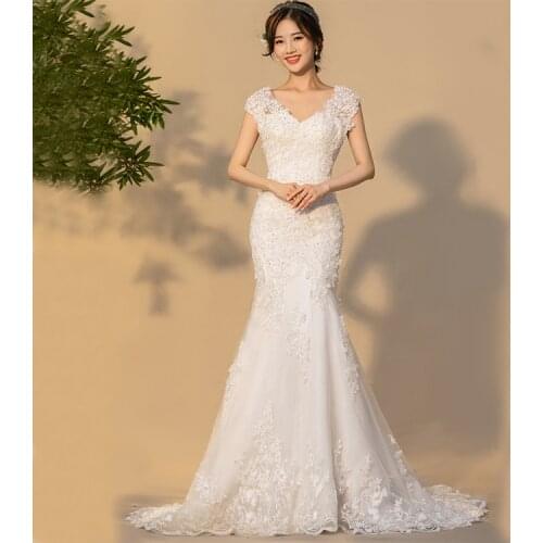 Wedding Dress 2021 New Sexy V-neck Backless Mermaiddress Lace Up Luxury Lace Embroidery Robe De Mariee Plus Custom Size