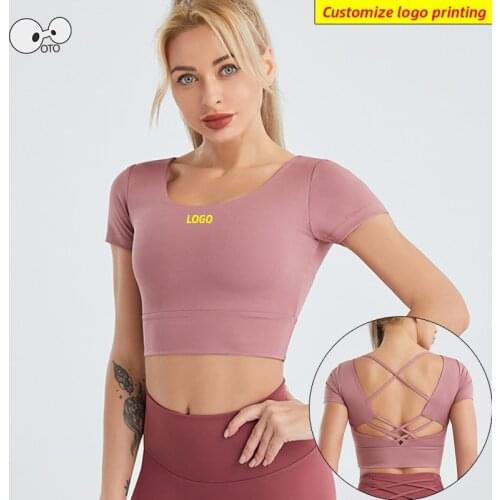 2021 Sexy Short Sleeve Push Up Padded Running Shirts Women Quick Dry Gym Fitness Underwear Elastic Yoga Sports Crop Top Custom