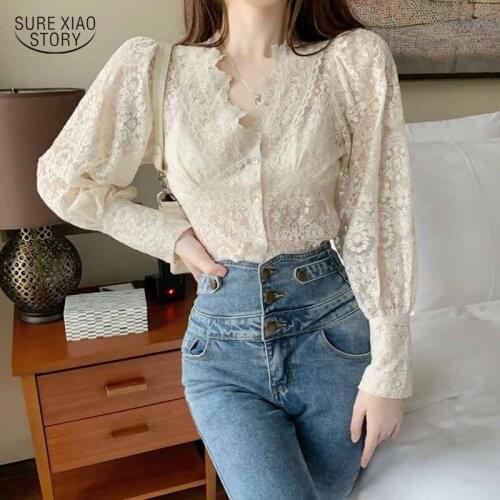 Sweet New Flower Apricot Lace Shirt for Women Vintage V-neck Lantern Long Sleeve Blouse Women Slim Elegant Woman Top Mujer 16335