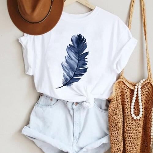 Women Cartoon Feather Watercolor Ladies Style Fashion Summer Lady Print Tee Graphic T Top Female Tshirts Clothes T-Shirt