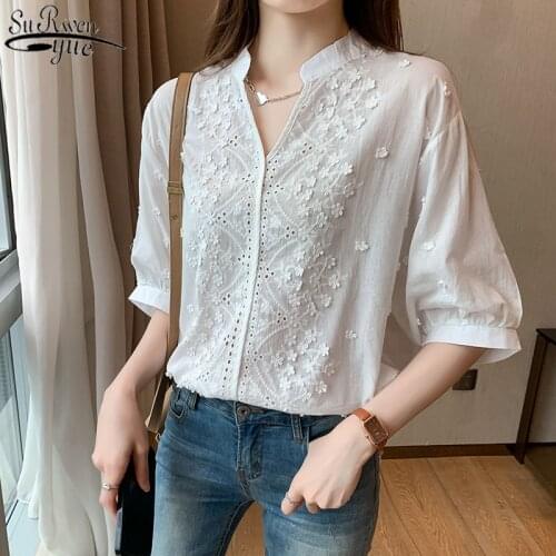 Short Sleeve Women Shirt Embroidery White Shirt V-neck Lantern Sleeve Irregular Cotton Top Female OL Blouse Female Blusas 14204