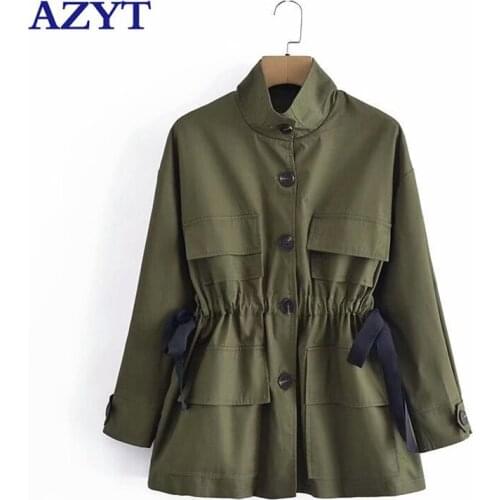 AZYT Autumn Winter Stand Collar Female Jacket Elegant Lady Green Windbreaker Coat Female 2021 Drawstring Slim Casaco Feminino