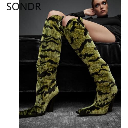 Womens Pointed Toe Denim Jeans Gold Velvet Knee Thigh Chelsea Boots Chunky Heel Cowboy Western Punk NEW 2022