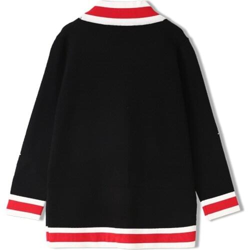 Autumn Long Sleeve V-neck Pearl Beading Button Cardigan Women Color Striped Causal Loose Sweaters White Knit Coat Knitting Tops