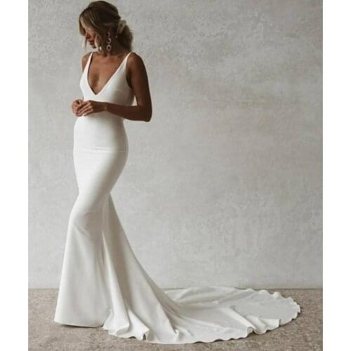 Sexy White Long V-Neck Satin Mermaid Wedding Dresses Floor Length Pleated Sweep Train Open Back Spaghetti Bridal Gowns for Women