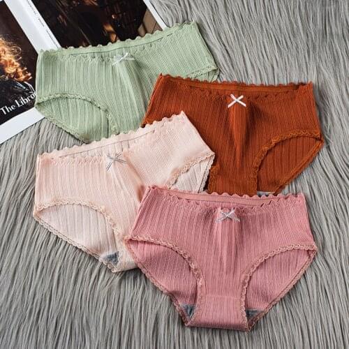 Womens Cotton Underwear Sexy Lace Panties Fashion Solid Color Bow Briefs Mid Waist Seamless Comfort Underpants Female Lingerie
