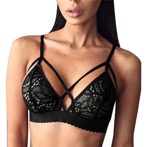 2019 Women Sexy Crossing Bandage Crop Tops Floral Sheer Lace Bra Top Seamless Black Bralette Wireless bustier Tank Top Camis J50