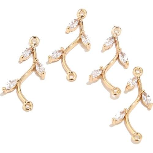 4pcs/lot Gold Plated Brass Zirconia Crystal Leaf 21mm Charm Connectors For DIY Jewelry Necklaces Bracelets Findings Making