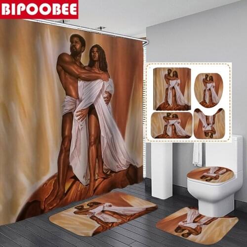 Black African American Lover Bathroom Shower Curtain Afro Couple Bath Curtains Washroom Decor Bathtub Toilet Cover Non-slip Rugs