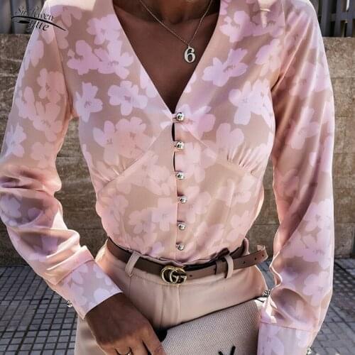 Exquisite and elegant ladies blouse commuter pleated print V-neck ladies shirt long sleeve 15491