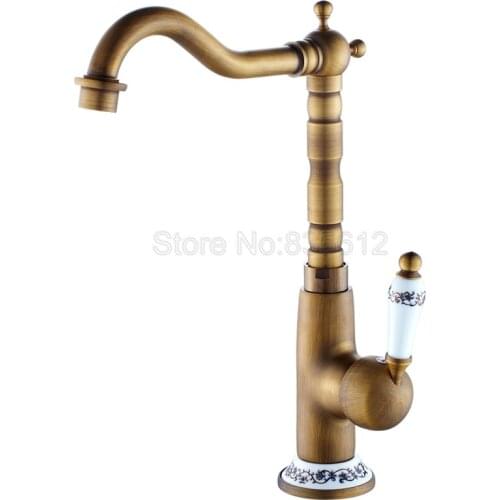 360 Swivel Spout Kitchen Faucet /Antique Brass Single Handle Single Hole Deck Mounted Vessel Sink Mixer Taps Wnf509