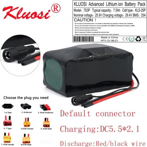 KLUOSI 7S3P 24V 7.5Ah 25.2V 8A 29.4V Lithium Battery Pack Built-in 25A BMS Balanced for Electric Motor Bicycle Scooter Motor Etc