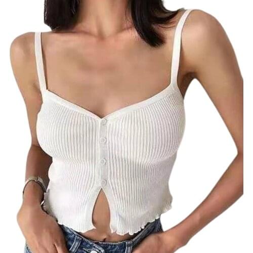 Women Sexy Deep V-Neck Ribbed Knit Camisole Button Down Split Front Ruffles Hem Tank Top Spaghetti Strap Cropped Vest